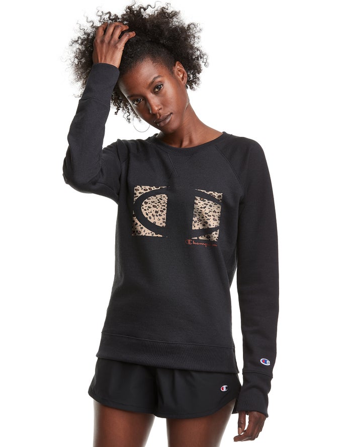 Champion Powerblend Fleece Crew Leopard Colorblock Logo Sweatshirt Dames - Zwart - Belgie 3412GULEJ